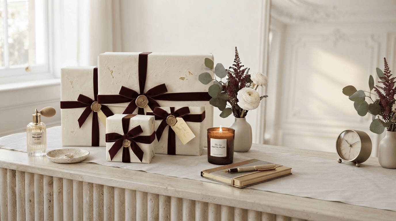 Cream-wrapped gifts tied with burgundy ribbons beside flowers and a candle