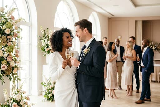 Wedding couple celebrating with guests