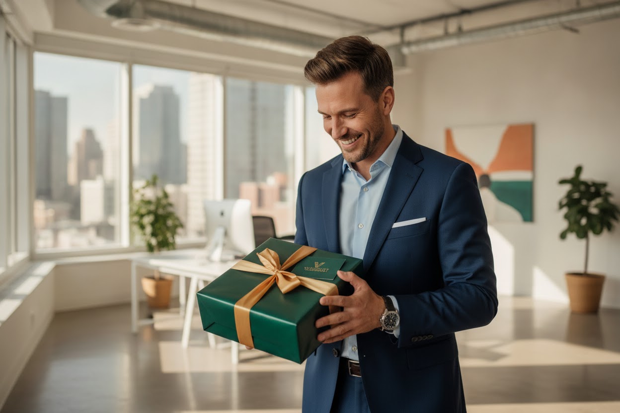 Corporate professionals celebrating with gifts